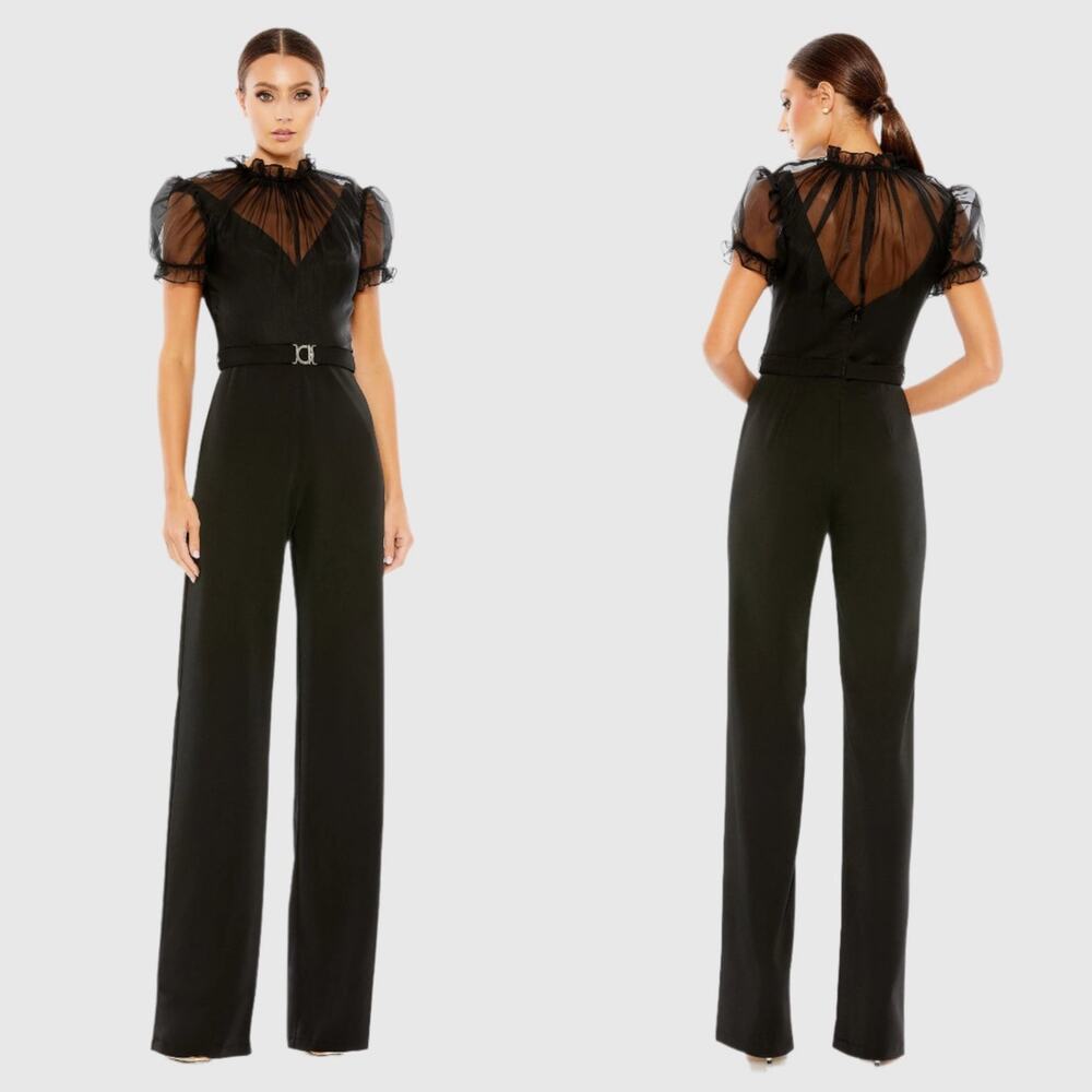 Mac Duggal Sz 4 Black Belted Illusion High Neck Cap Sleeve Wide Leg Jumpsuit
